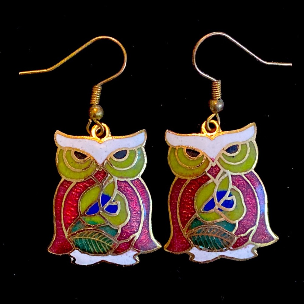 Vintage Cloisonné baked enamel owl drop dangle earrings